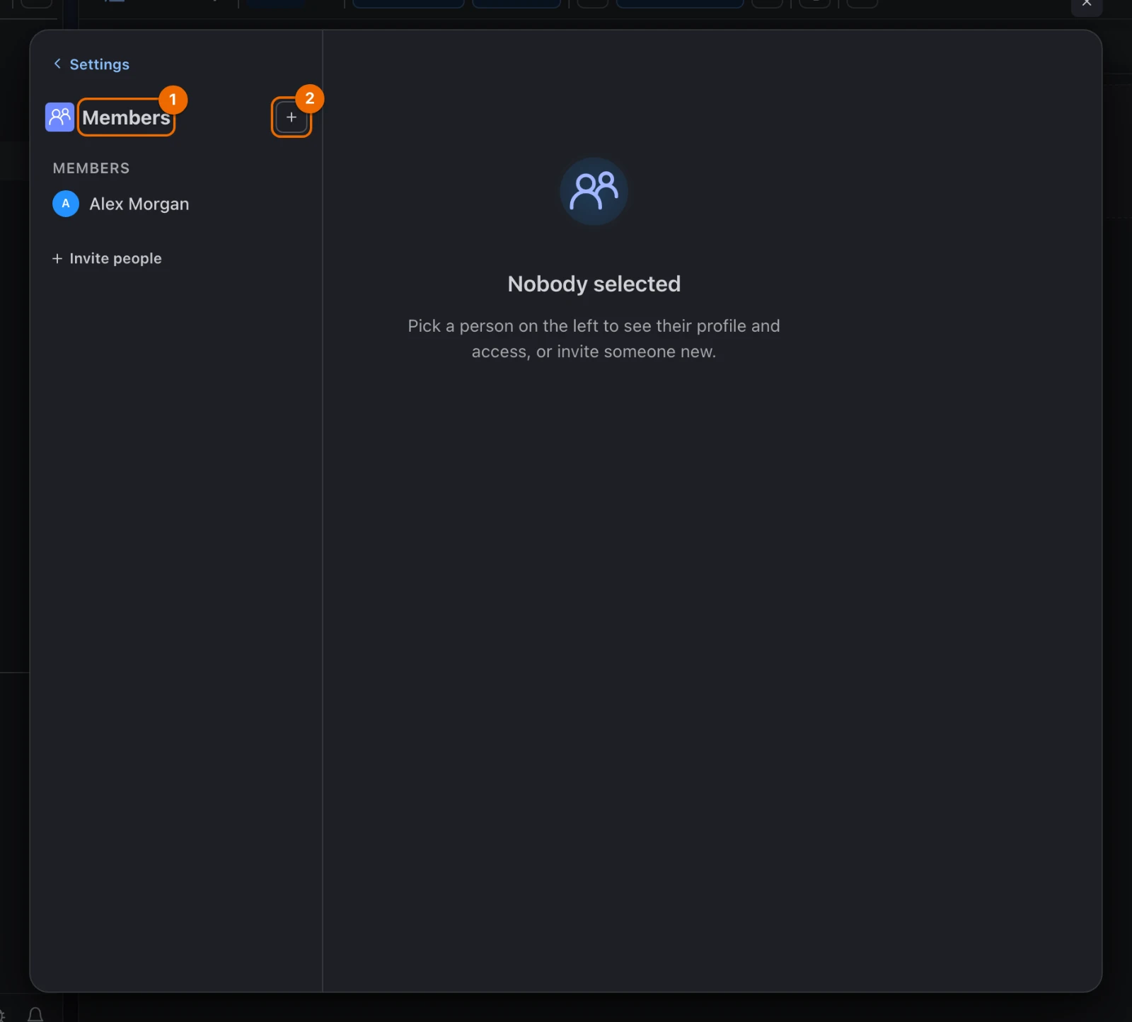Workspace settings, Members: the roster lists Alex Morgan, and the plus button next to the Members heading invites people