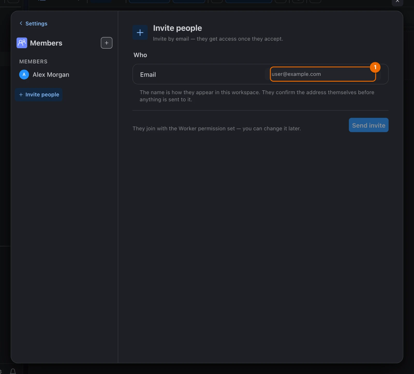 Members page with the Invite people form open and its Email field still empty