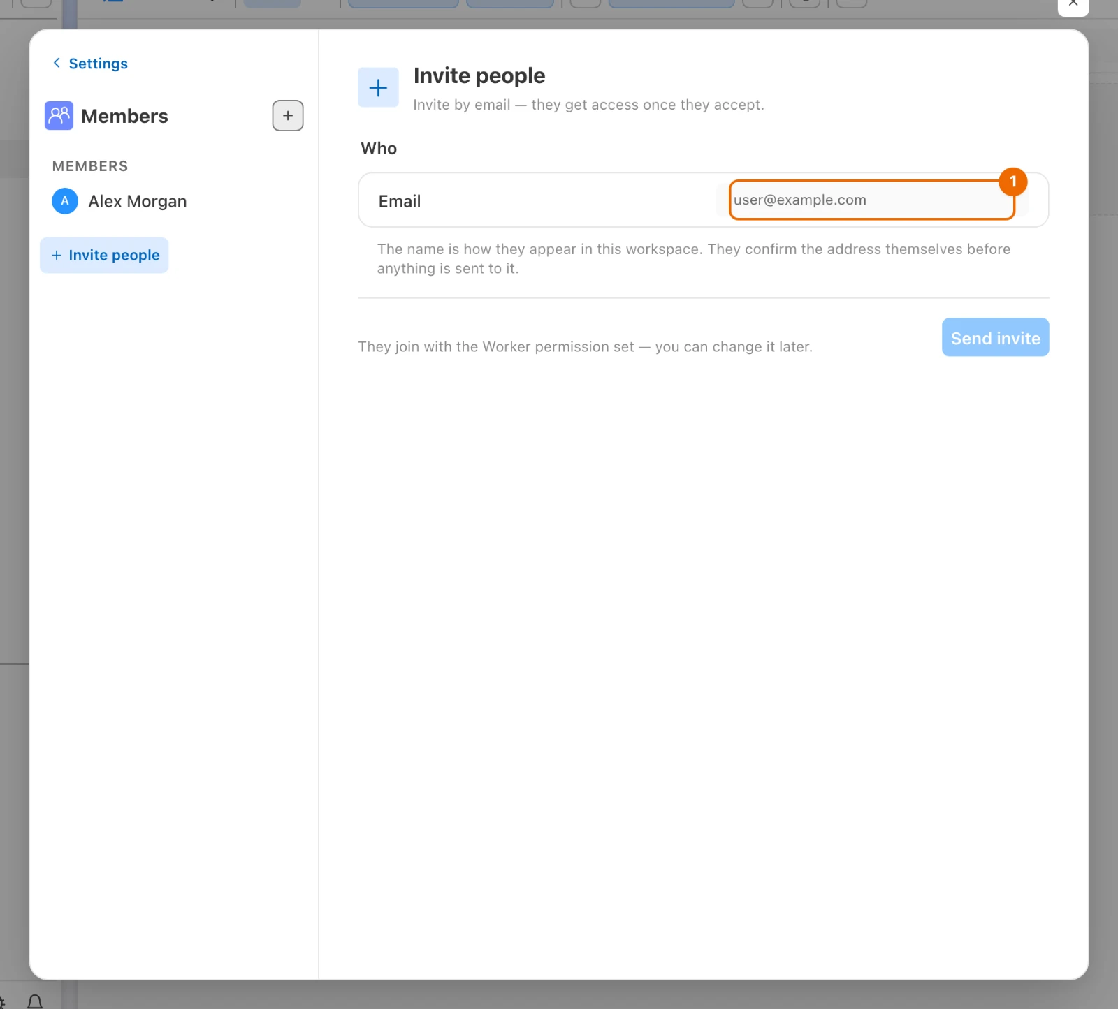 Members page with the Invite people form open and its Email field still empty