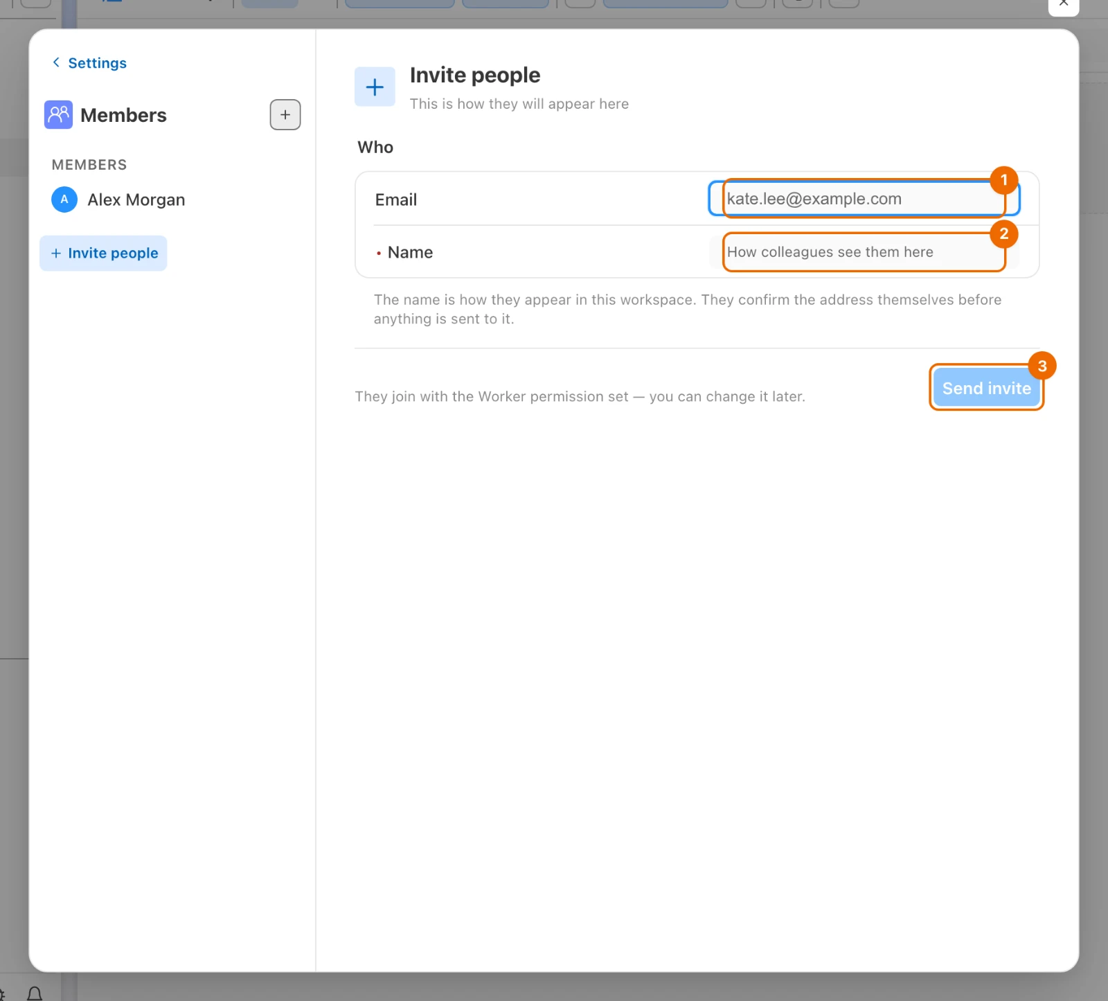 Invite people form with kate.lee@example.com typed in Email, the Name field that appeared under it, and the Send invite button