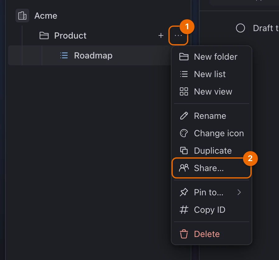 Sidebar: the More actions menu of the folder Product, open, with Share… in it