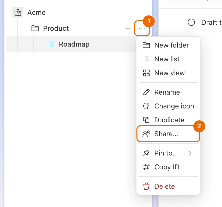 Sidebar: the More actions menu of the folder Product, open, with Share… in it