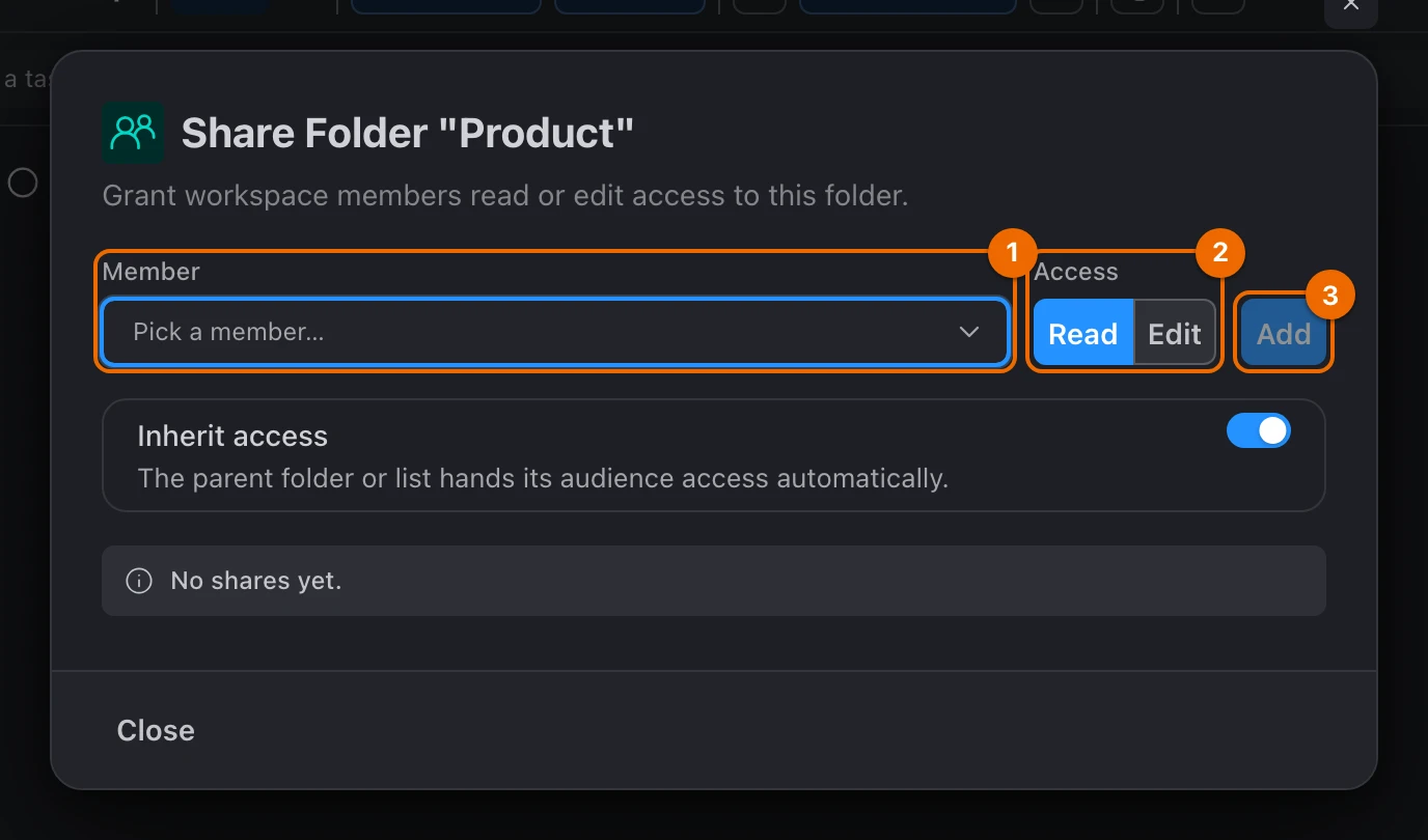 Share Folder "Product" dialog with no shares yet: the Member picker, Read and Edit under Access, and the Add button