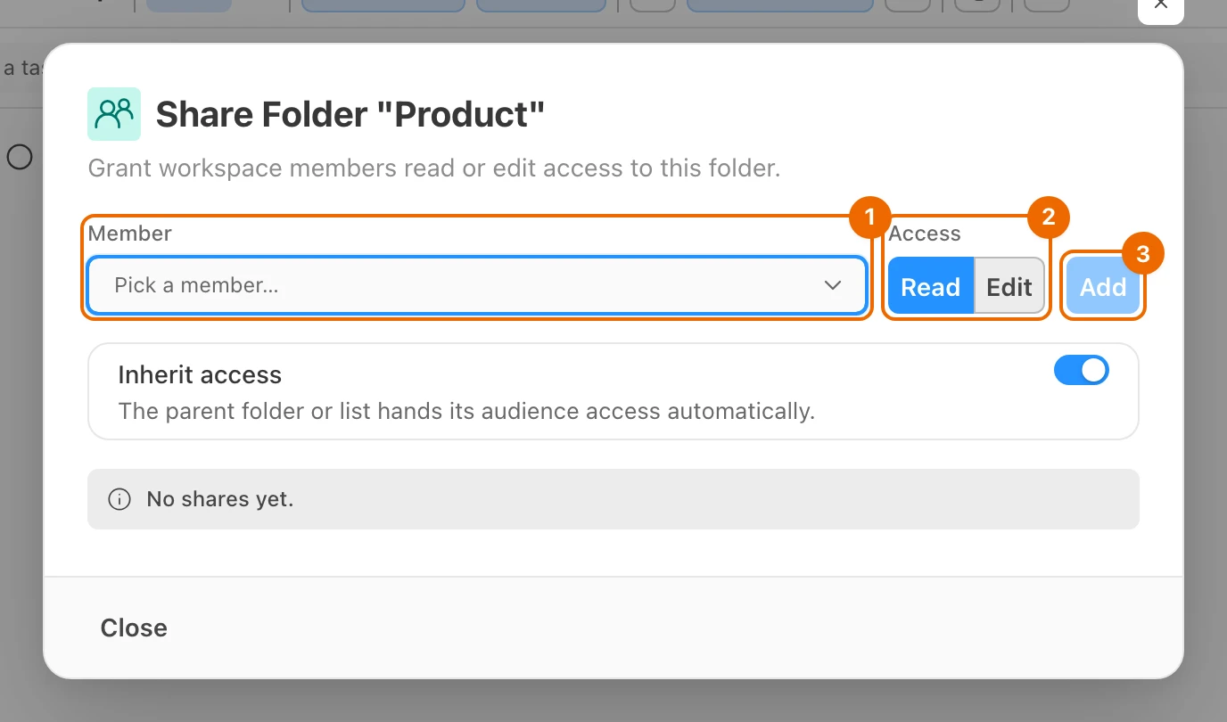 Share Folder "Product" dialog with no shares yet: the Member picker, Read and Edit under Access, and the Add button