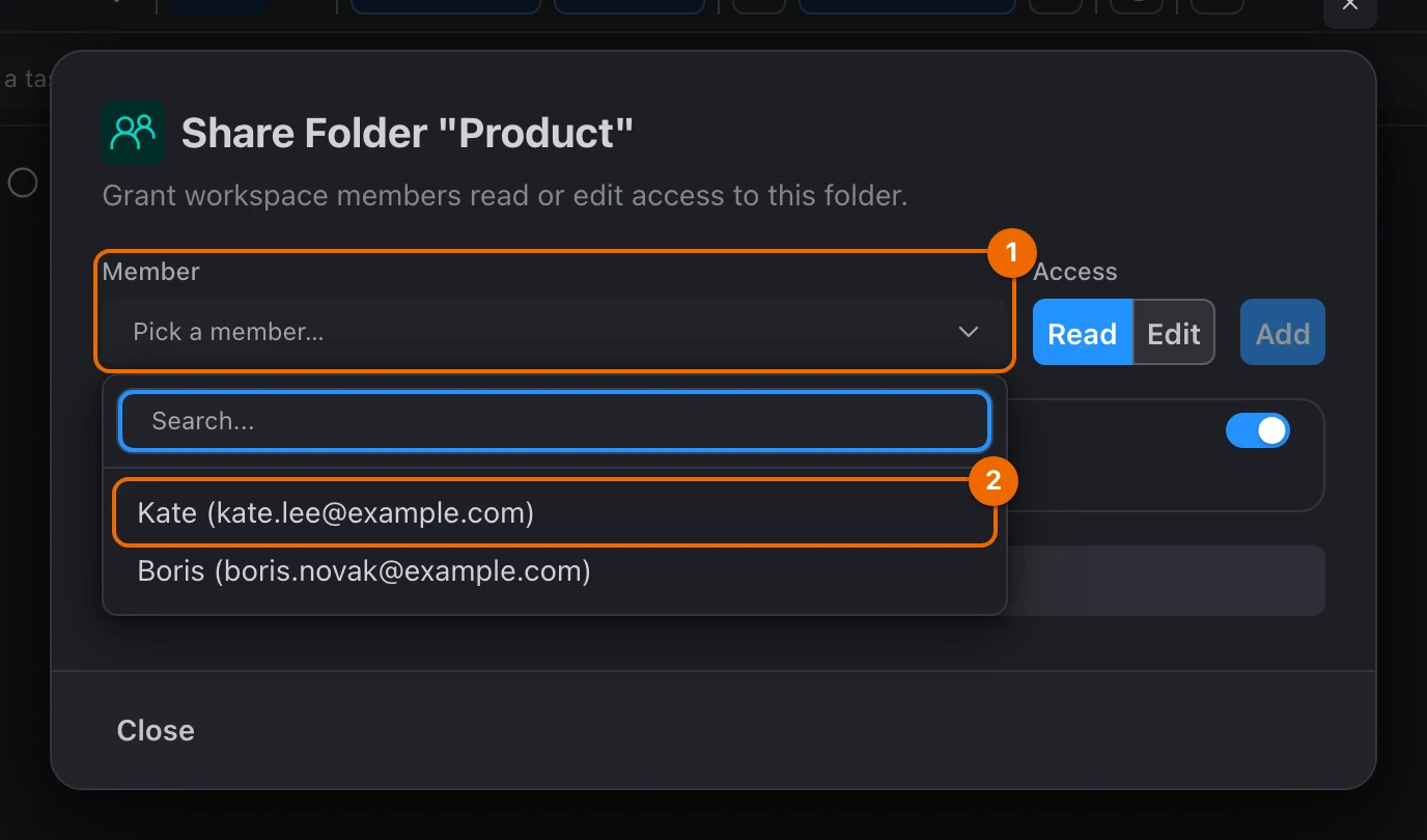 Share Folder "Product" dialog with the Member picker open: Kate and Boris are offered, each with their email address