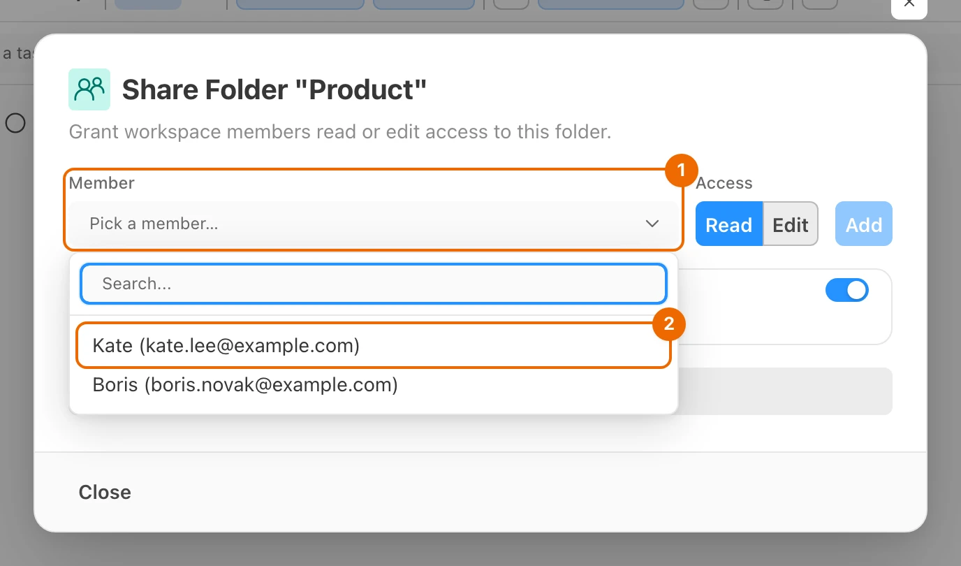 Share Folder "Product" dialog with the Member picker open: Kate and Boris are offered, each with their email address