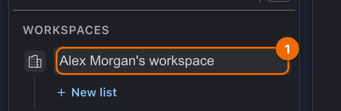 Sidebar, Workspaces section: the workspace name is an editable field, ready for the new name