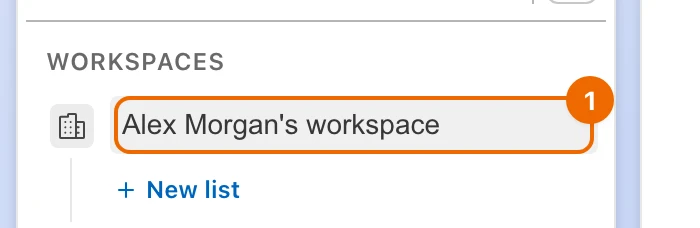 Sidebar, Workspaces section: the workspace name is an editable field, ready for the new name