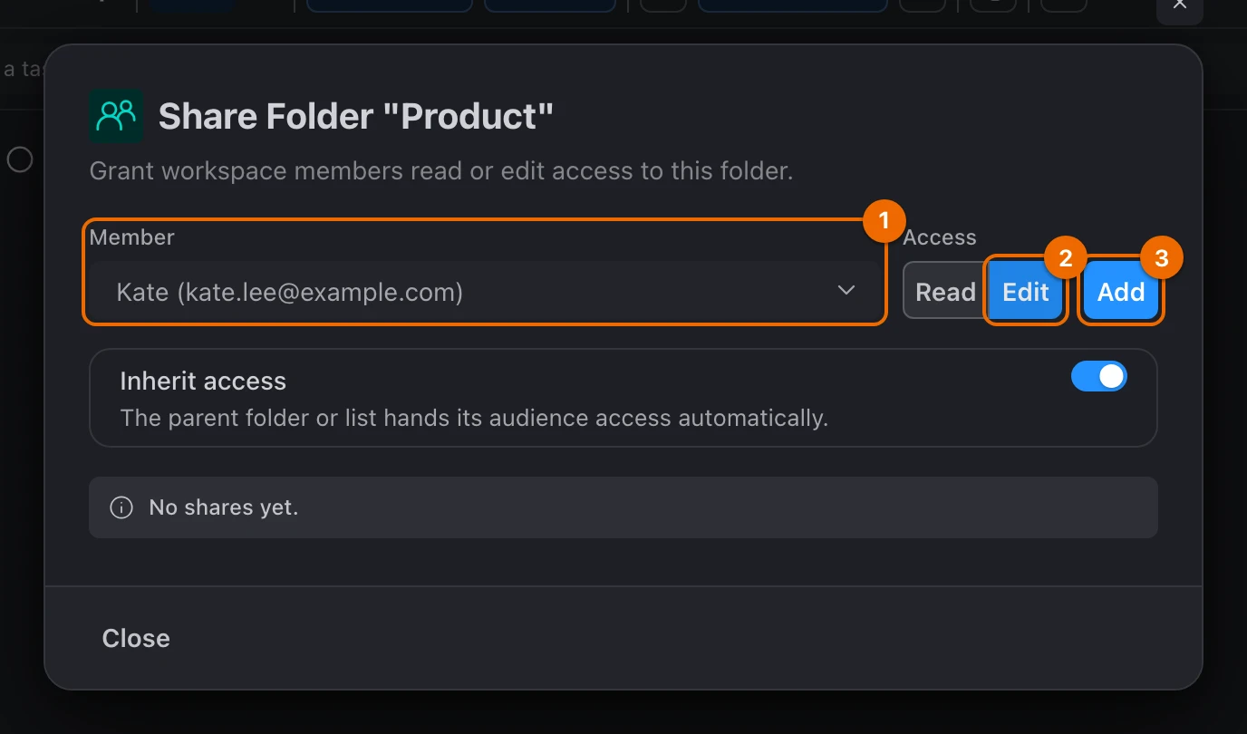 Share Folder "Product" dialog before adding: Member is Kate, Access is Edit, and the Add button is ready
