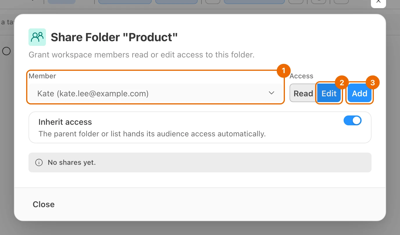 Share Folder "Product" dialog before adding: Member is Kate, Access is Edit, and the Add button is ready