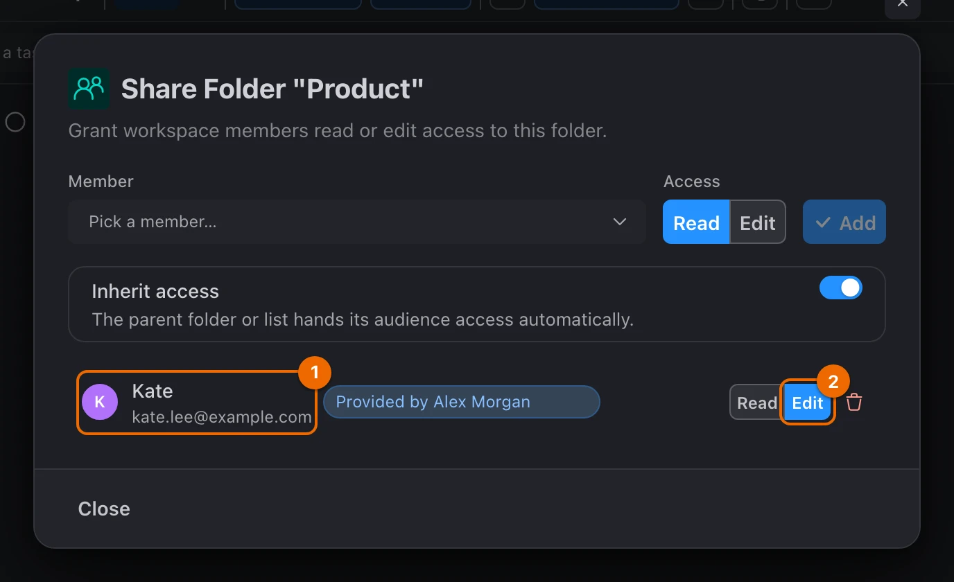 Share Folder "Product" dialog after adding: Kate is listed with Edit access, provided by Alex Morgan