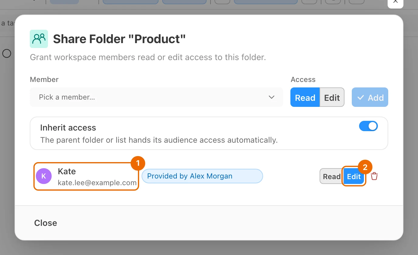 Share Folder "Product" dialog after adding: Kate is listed with Edit access, provided by Alex Morgan