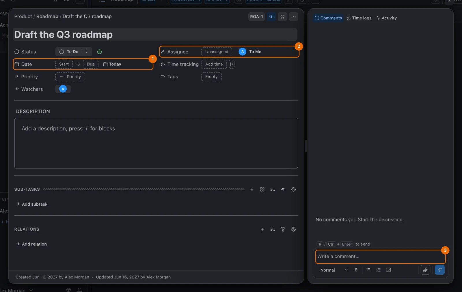 The task Draft the Q3 roadmap open: no due date, Unassigned, and the Write a comment… box on the right