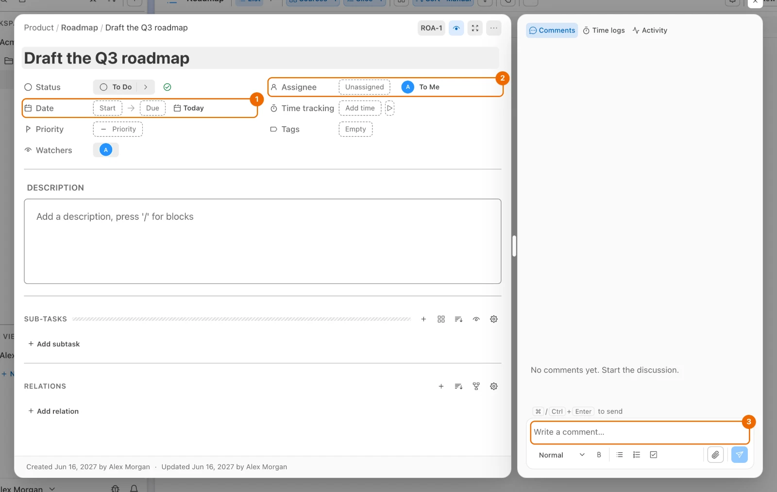 The task Draft the Q3 roadmap open: no due date, Unassigned, and the Write a comment… box on the right