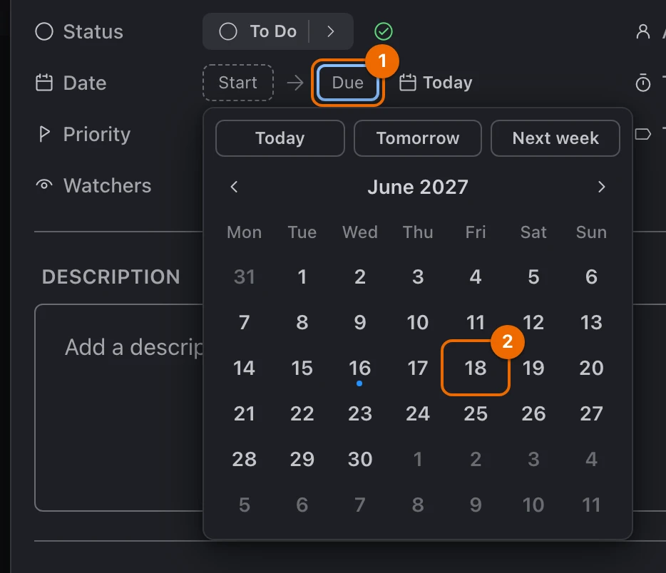 The Due button of the Date row with its calendar open on June 2027, this Friday the 18th marked