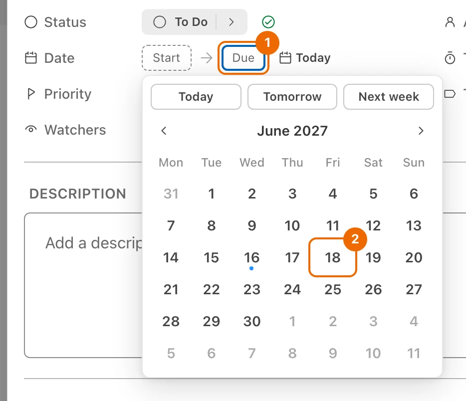 The Due button of the Date row with its calendar open on June 2027, this Friday the 18th marked