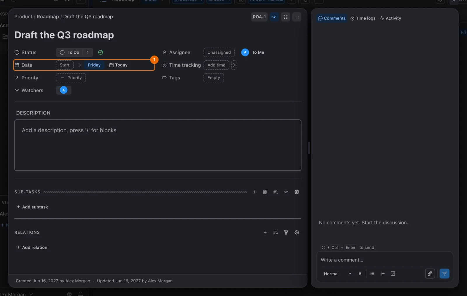 The task Draft the Q3 roadmap with its due date set: the Date row reads Friday
