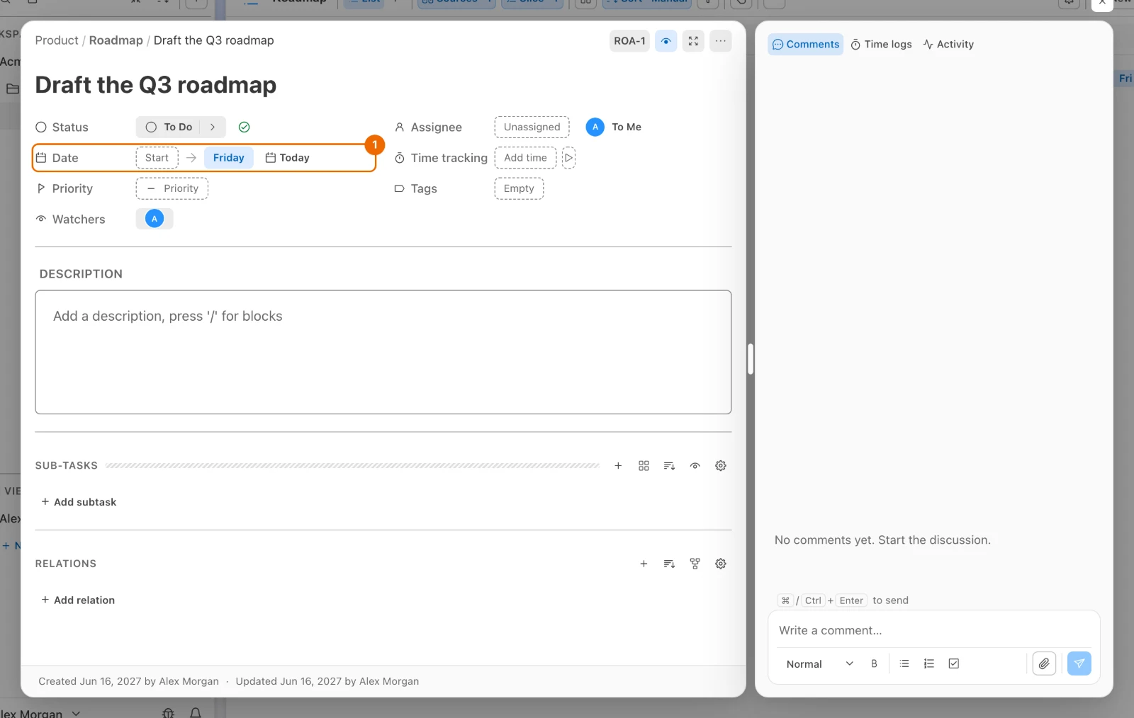 The task Draft the Q3 roadmap with its due date set: the Date row reads Friday