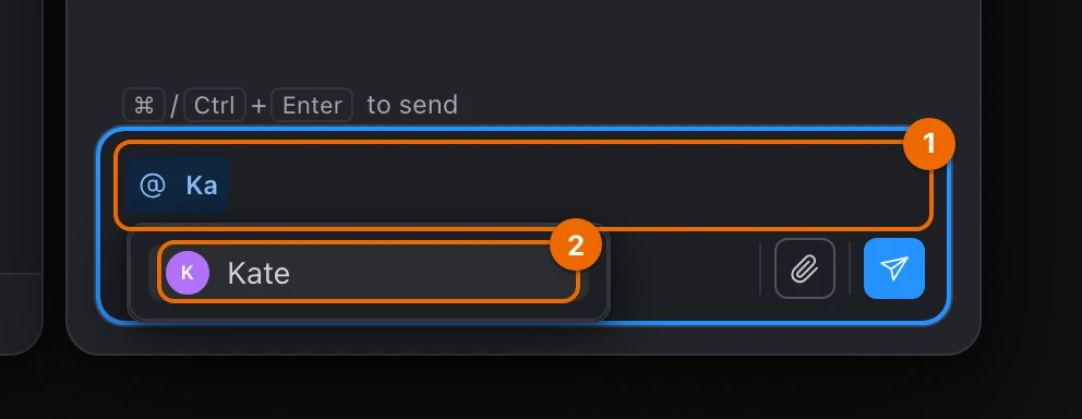 The comment box with @Ka typed and the list of people open, Kate in it