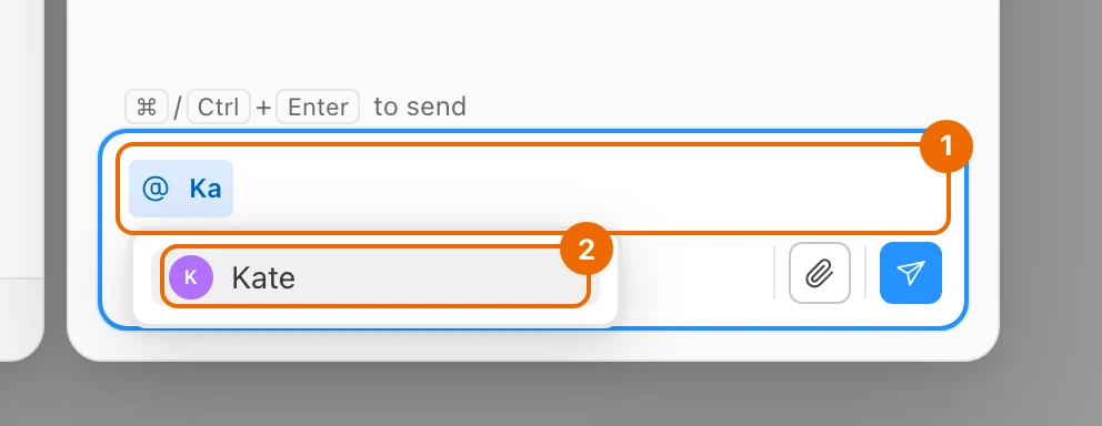 The comment box with @Ka typed and the list of people open, Kate in it