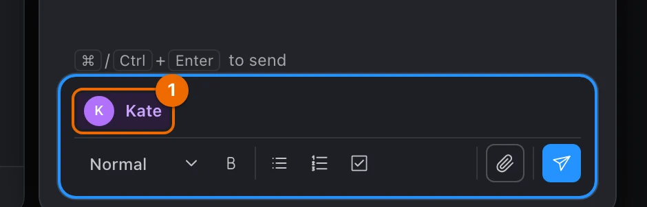The comment box with Kate inserted as a mention; the rest of the comment is not typed yet