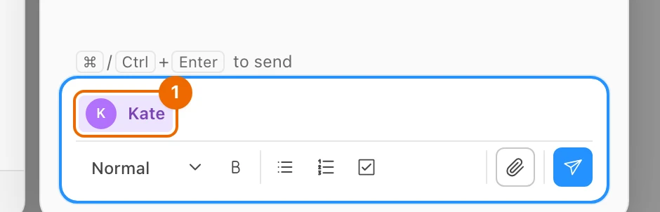 The comment box with Kate inserted as a mention; the rest of the comment is not typed yet