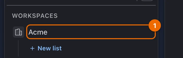 Sidebar, Workspaces section: the workspace is now called Acme