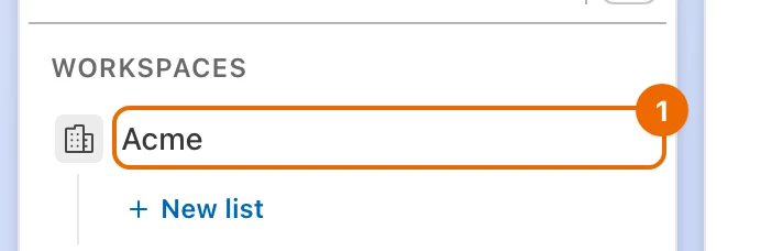 Sidebar, Workspaces section: the workspace is now called Acme