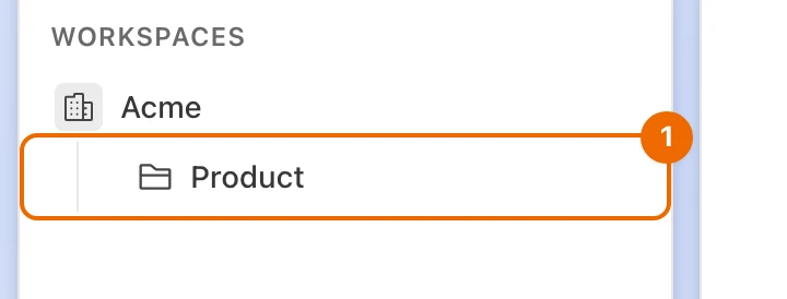 Sidebar: the folder Product under the workspace Acme