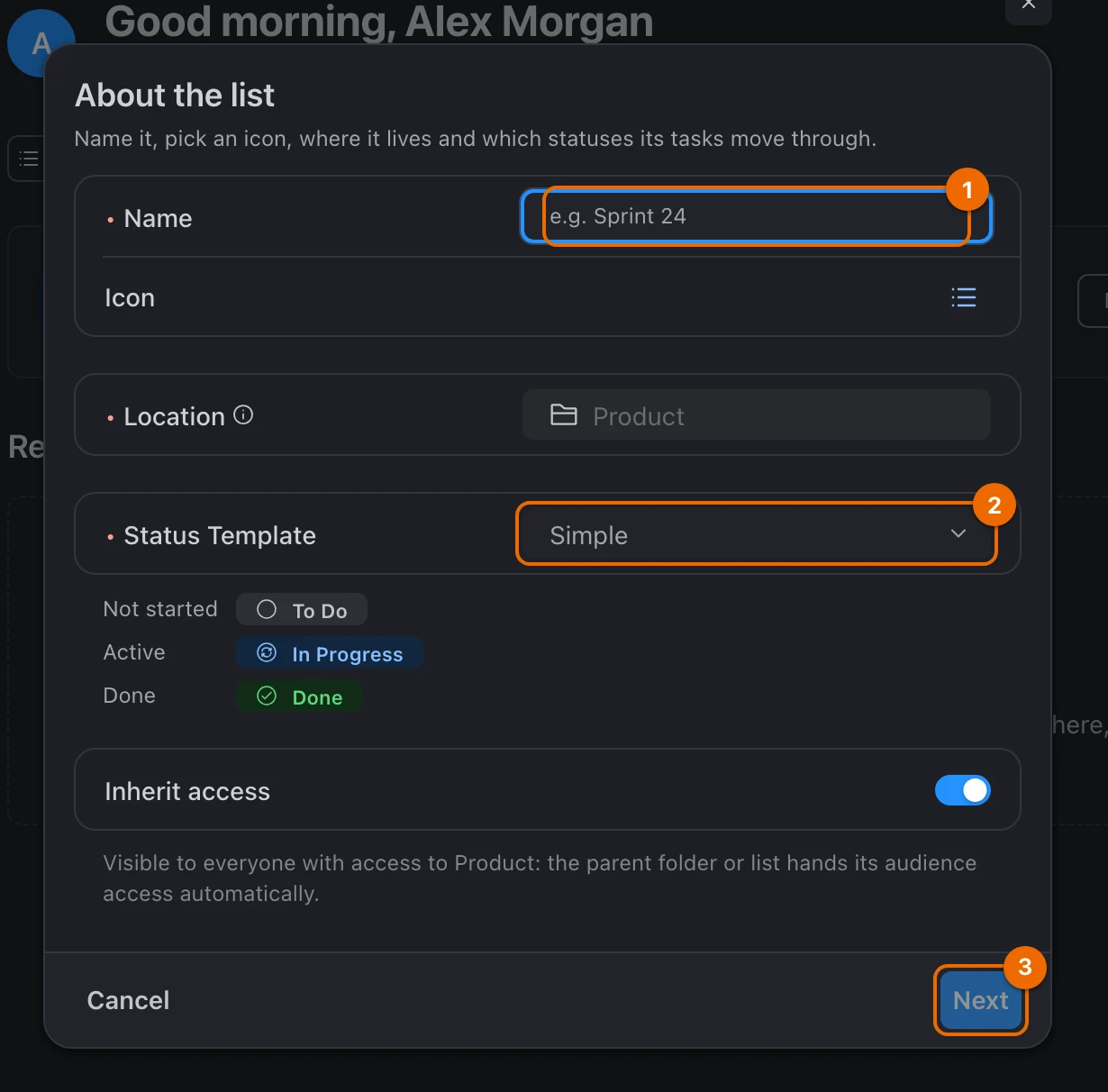 New list form on its first step, About the list: empty Name, location Product, Status Template Simple, and the Next button
