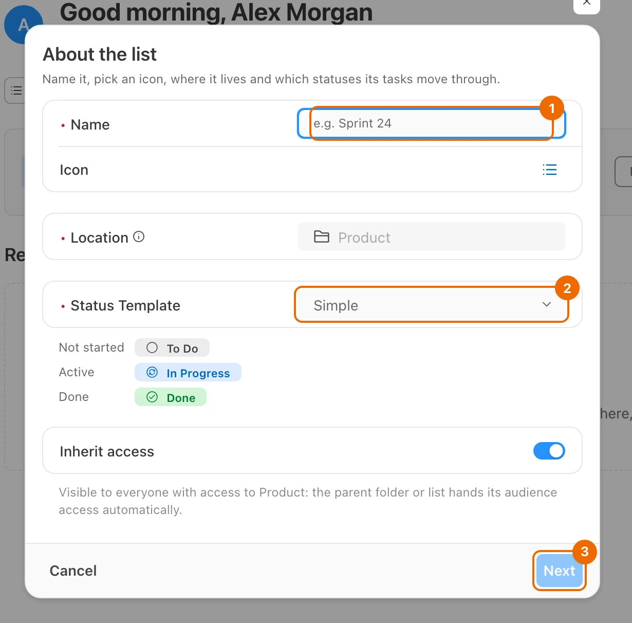 New list form on its first step, About the list: empty Name, location Product, Status Template Simple, and the Next button