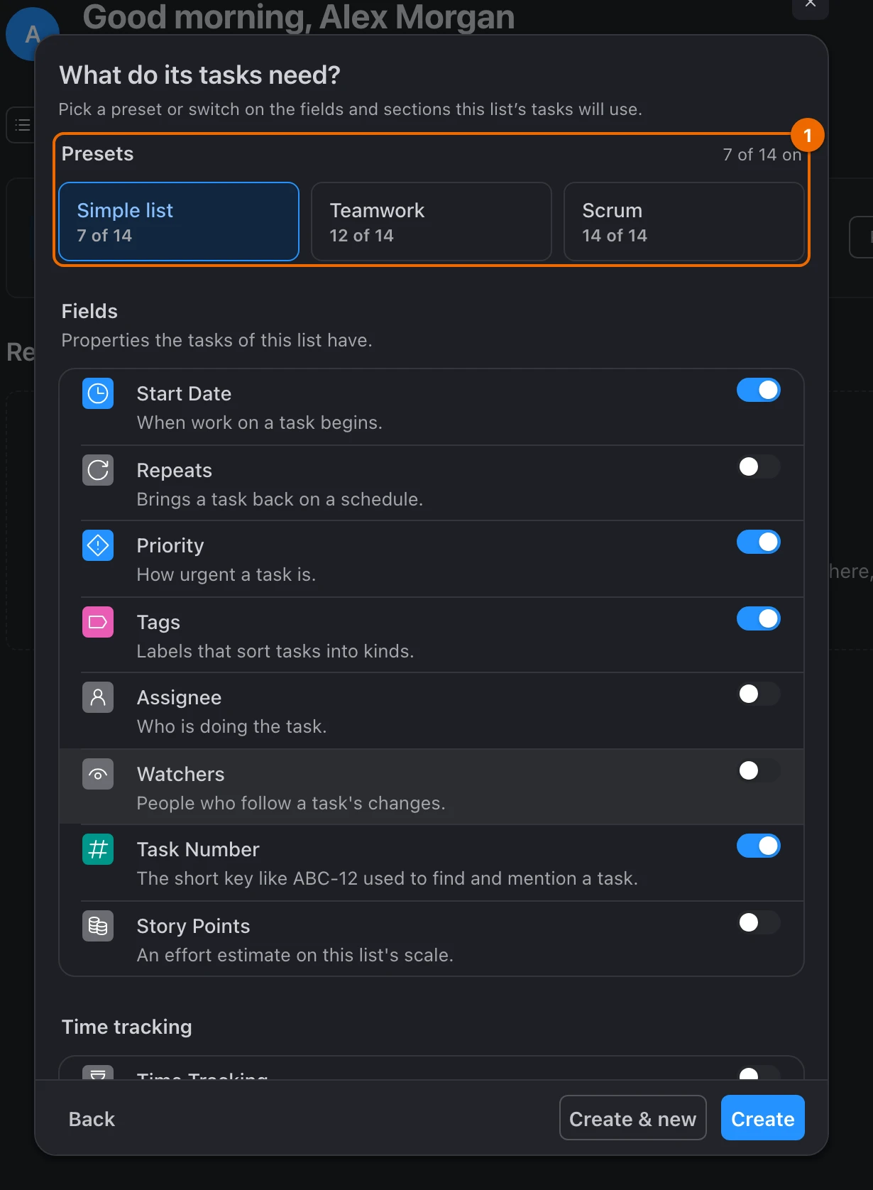 New list form, step What do its tasks need?, for the list Roadmap: the Presets row with Simple list selected, 7 of 14 features on