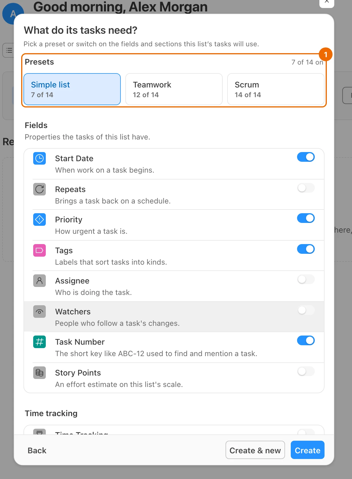 New list form, step What do its tasks need?, for the list Roadmap: the Presets row with Simple list selected, 7 of 14 features on