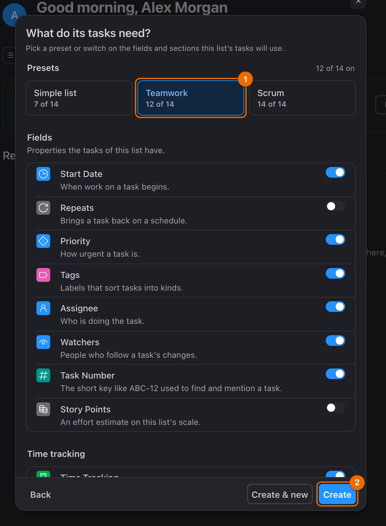 New list form, step What do its tasks need?: the Teamwork preset selected, 12 of 14 features on, Assignee and Watchers among them, and the Create button