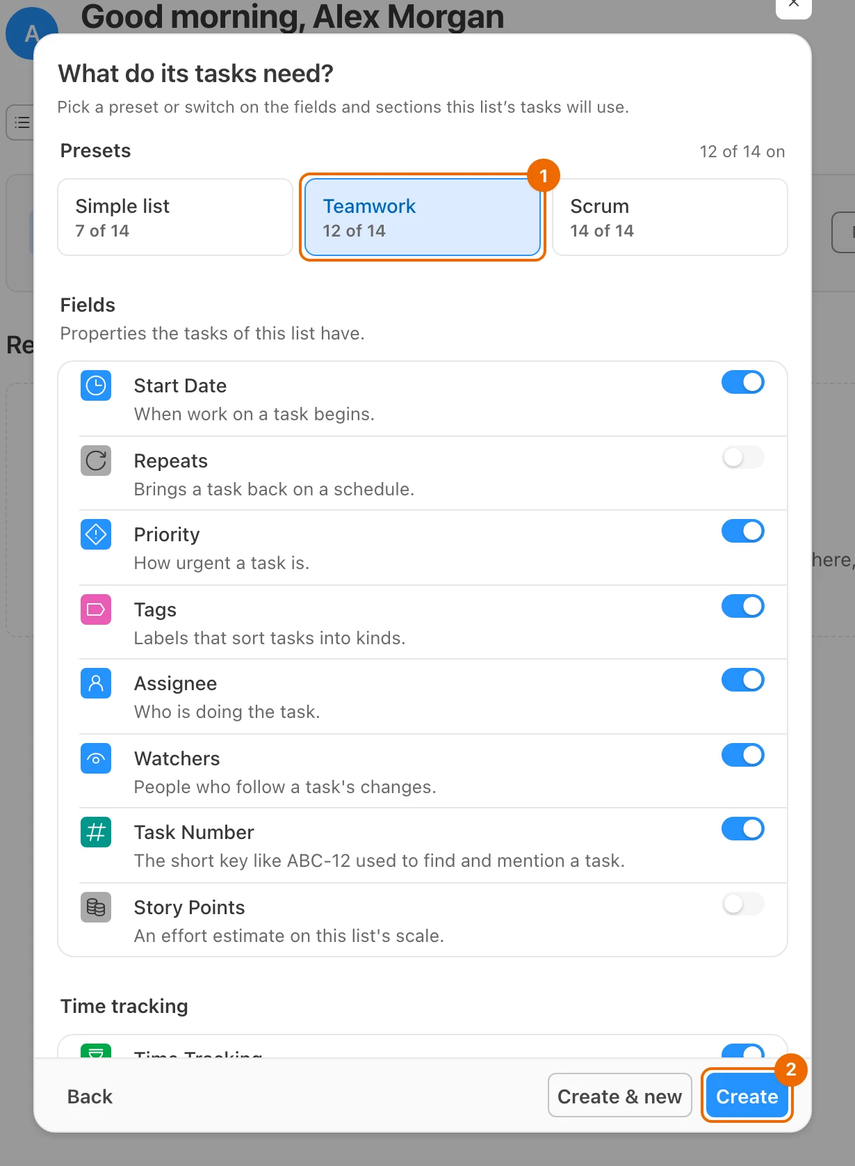 New list form, step What do its tasks need?: the Teamwork preset selected, 12 of 14 features on, Assignee and Watchers among them, and the Create button