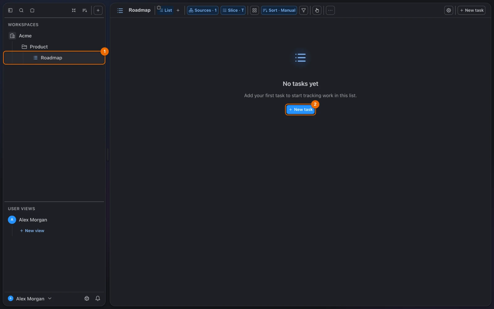 The empty list Roadmap open in its List view: No tasks yet with a New task button, and Roadmap under Product in the sidebar