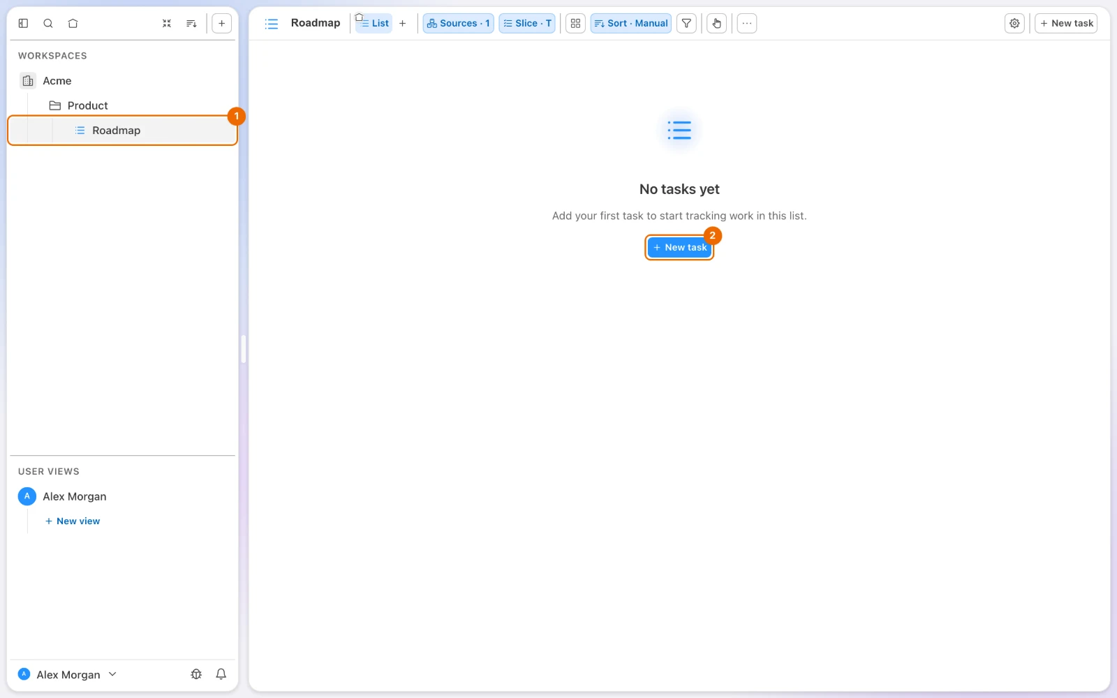 The empty list Roadmap open in its List view: No tasks yet with a New task button, and Roadmap under Product in the sidebar
