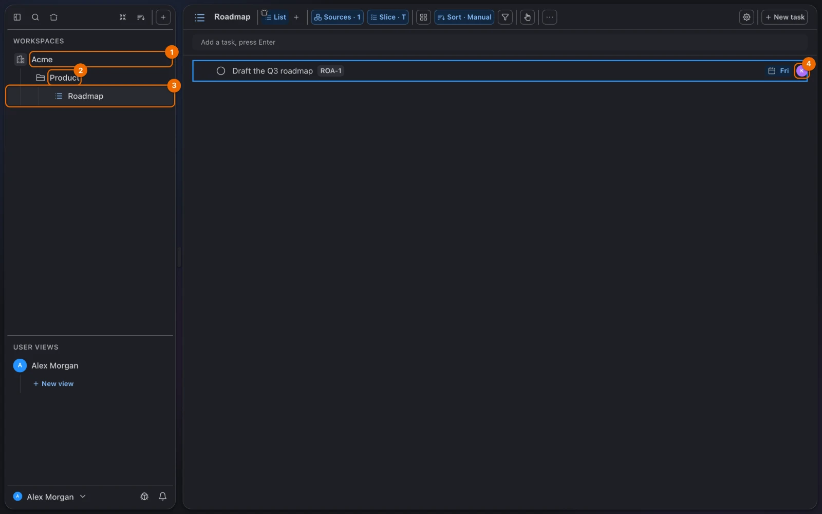 Hule with the team set up: the sidebar shows the workspace Acme, its folder Product and the list Roadmap; the task Draft the Q3 roadmap is due Friday and carries Kate's avatar