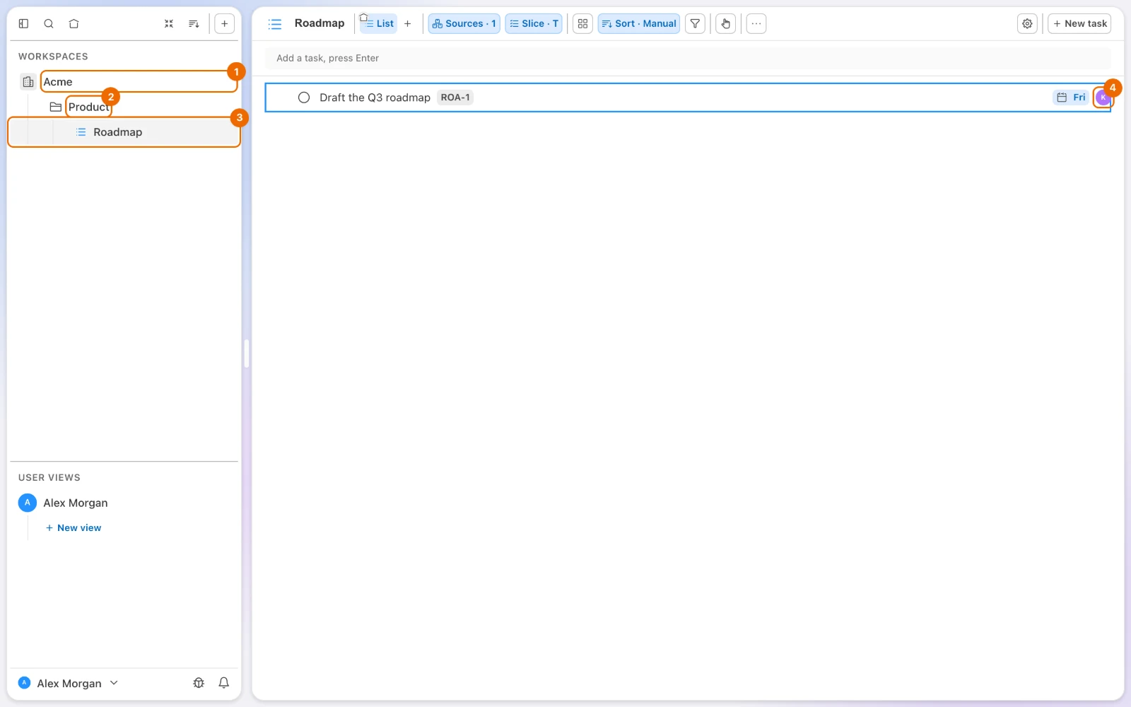 Hule with the team set up: the sidebar shows the workspace Acme, its folder Product and the list Roadmap; the task Draft the Q3 roadmap is due Friday and carries Kate's avatar