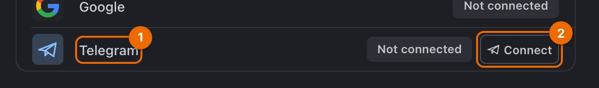 The Telegram row of User settings › Sign-in, reading Not connected, with its Connect button