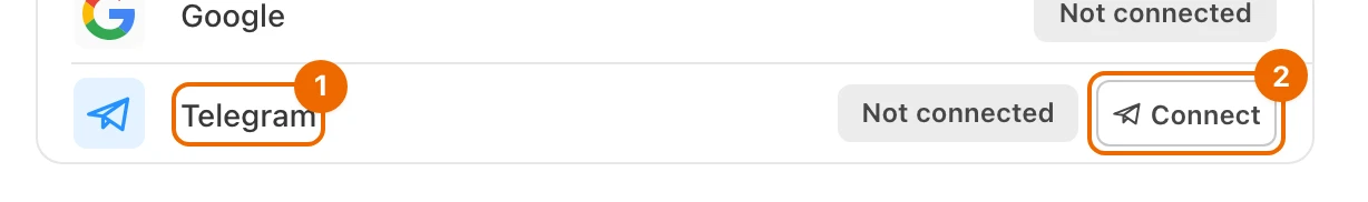 The Telegram row of User settings › Sign-in, reading Not connected, with its Connect button