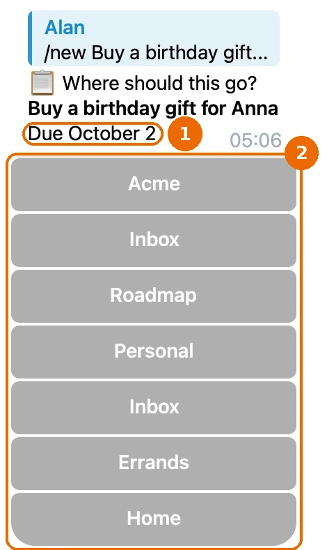 The bot asks Where should this go? for "Buy a birthday gift for Anna", due October 2, with list buttons under the workspaces Acme and Personal