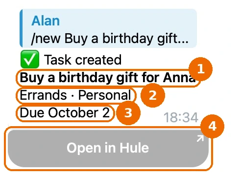 The bot's Task created reply for "Buy a birthday gift for Anna": the list and workspace Errands · Personal, due October 2, and an Open in Hule button