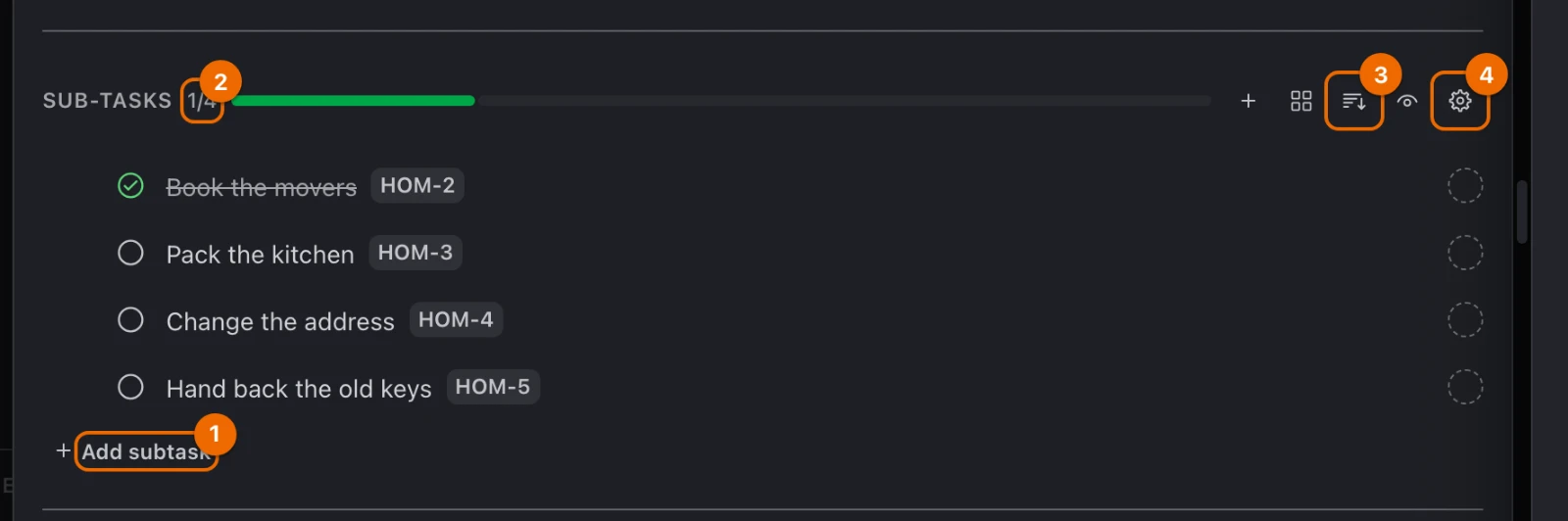 The Sub-tasks section of Move to a new flat: four subtasks, Book the movers done, the counter at 1/4, the Add subtask row and the section's sort button and gear
