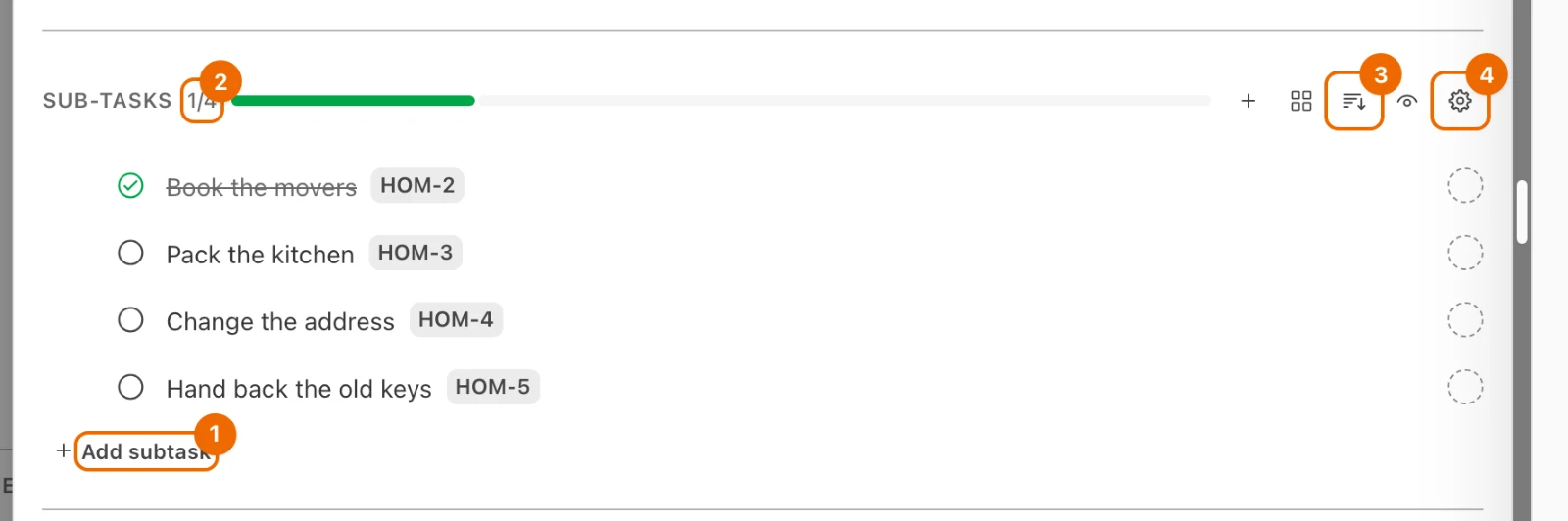 The Sub-tasks section of Move to a new flat: four subtasks, Book the movers done, the counter at 1/4, the Add subtask row and the section's sort button and gear