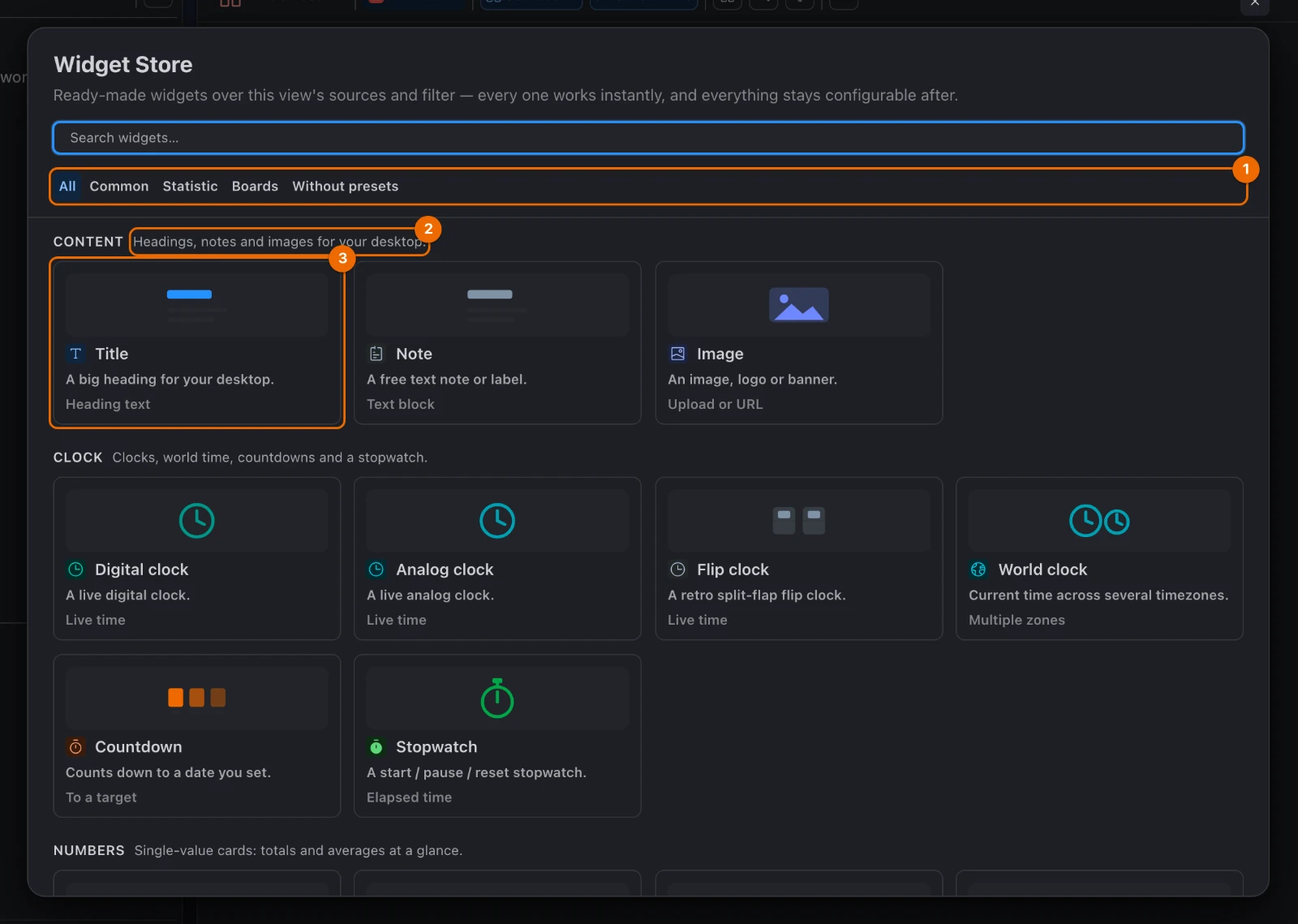 The Widget Store open on All: the category tabs, a section with its description, and the widget cards