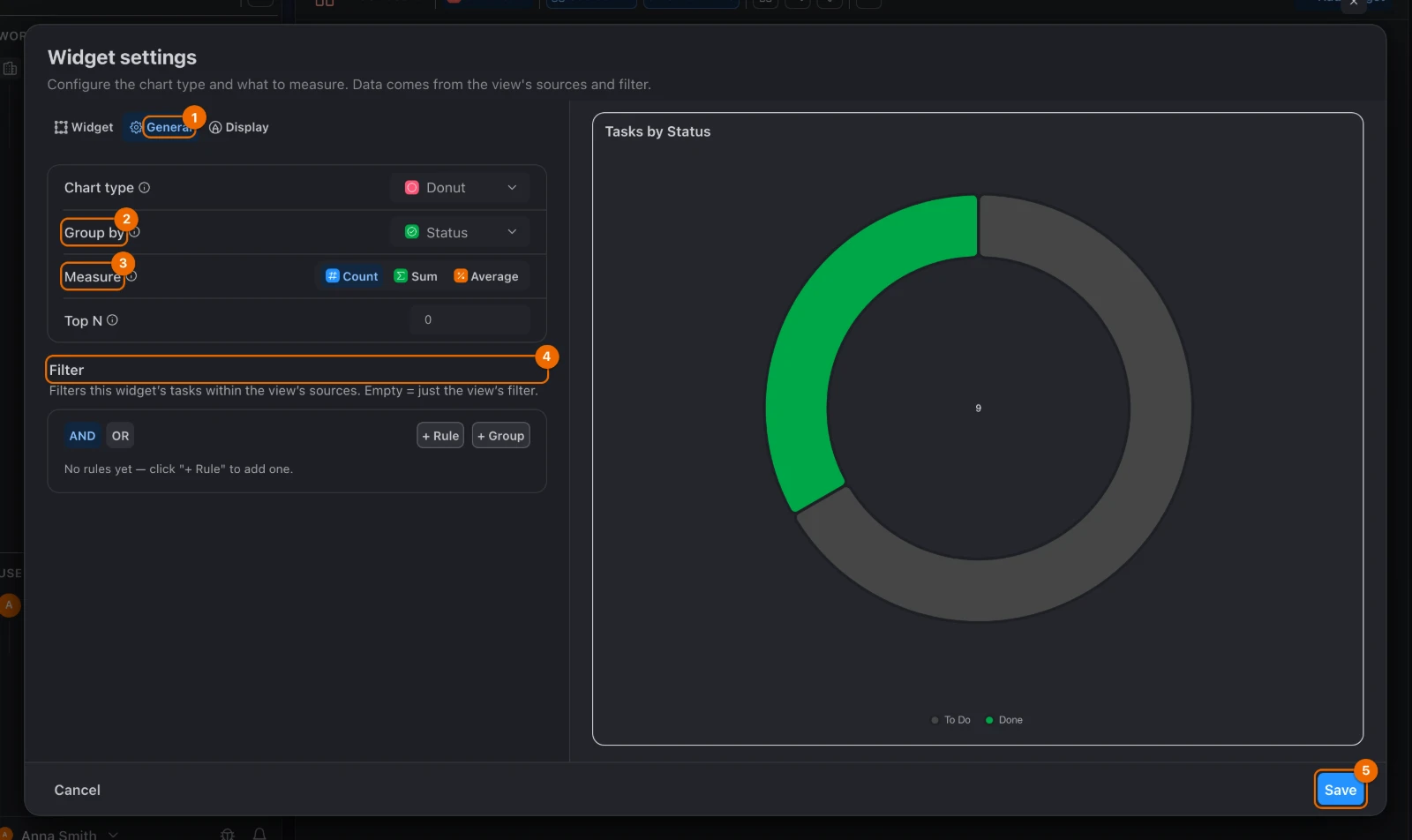 Widget settings of Tasks by Status on the General tab: Group by, Measure and Filter, with the chart's preview