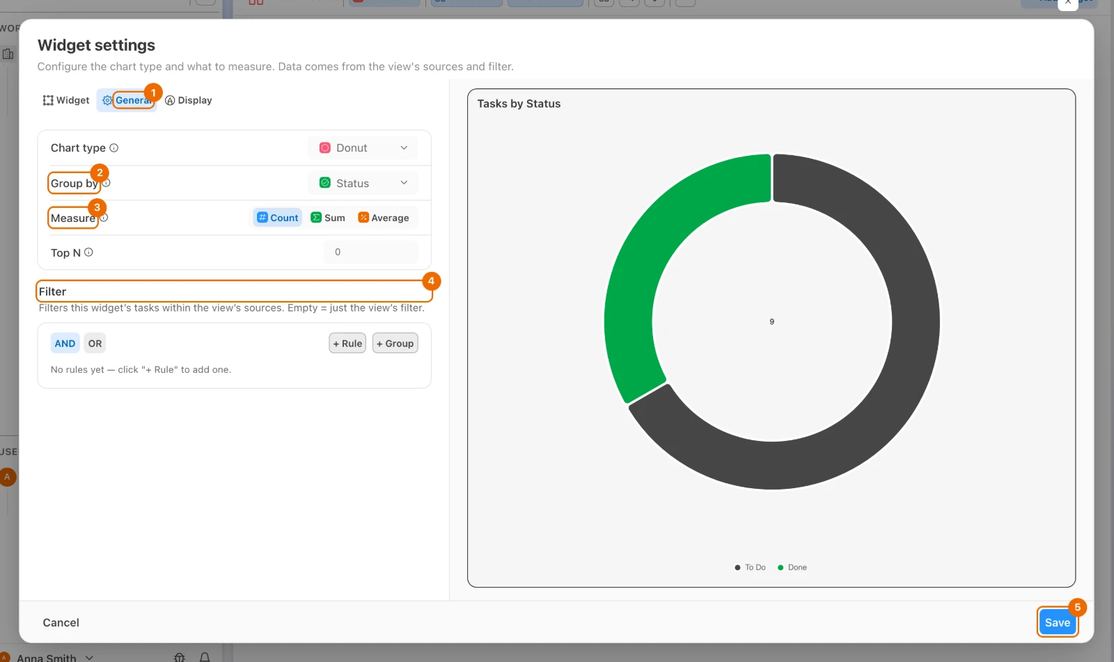 Widget settings of Tasks by Status on the General tab: Group by, Measure and Filter, with the chart's preview