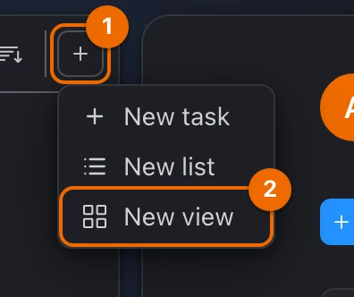 The Create menu at the top of the sidebar, open on New task, New list and New view