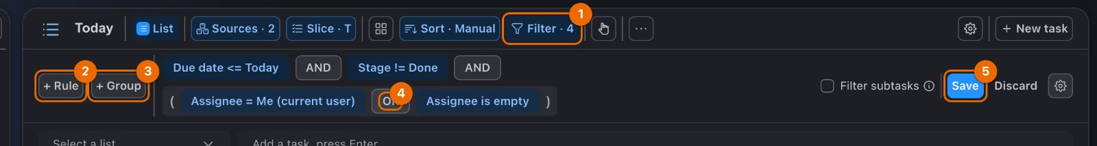 The filter strip of Today: Due date <= Today, Stage != Done and a group of Assignee = Me (current user) OR Assignee is empty, with Save active